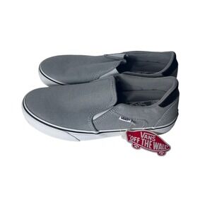 Vans Asher Mens 9.5 Grey Canvas Slip On Skate Shoes Ortholite Deluxe Comfort